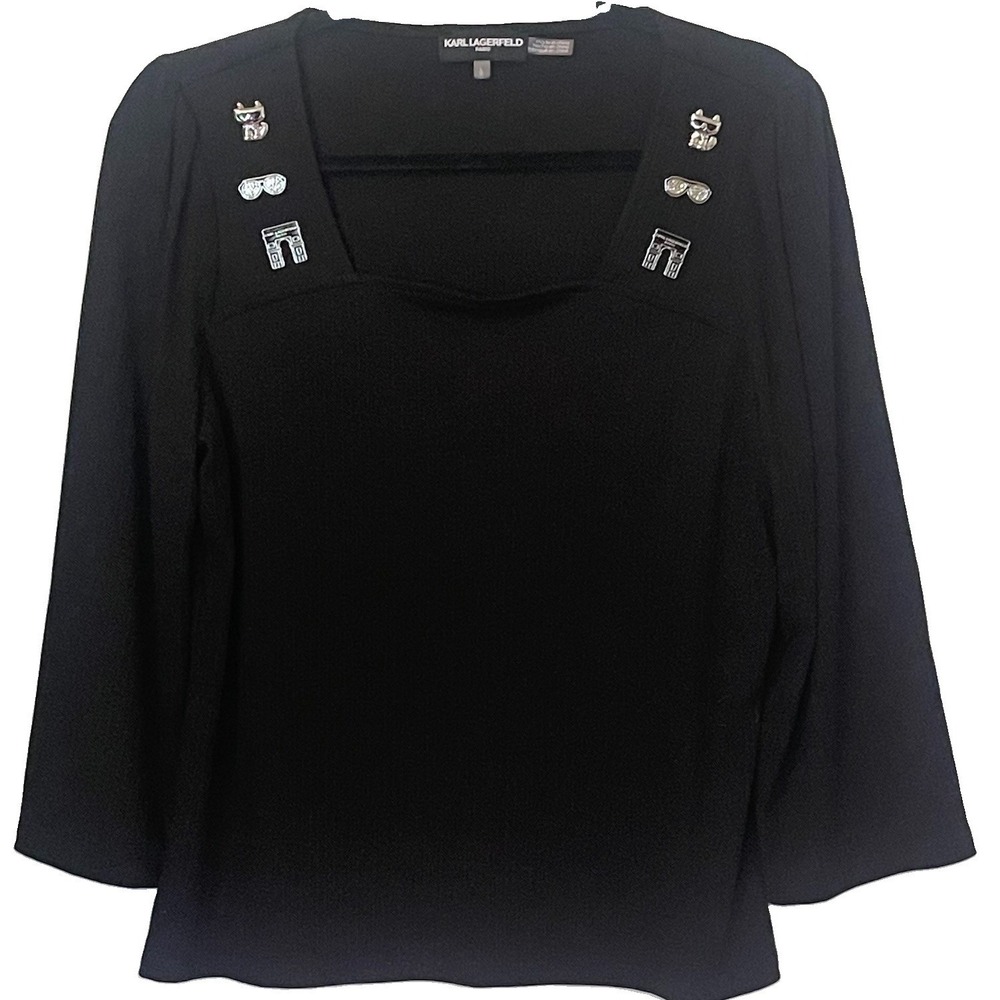 Karl Lagerfeld Paris Black Pullover Top 3/4‎ Sleeve Silver Shoulder Detail Sz M